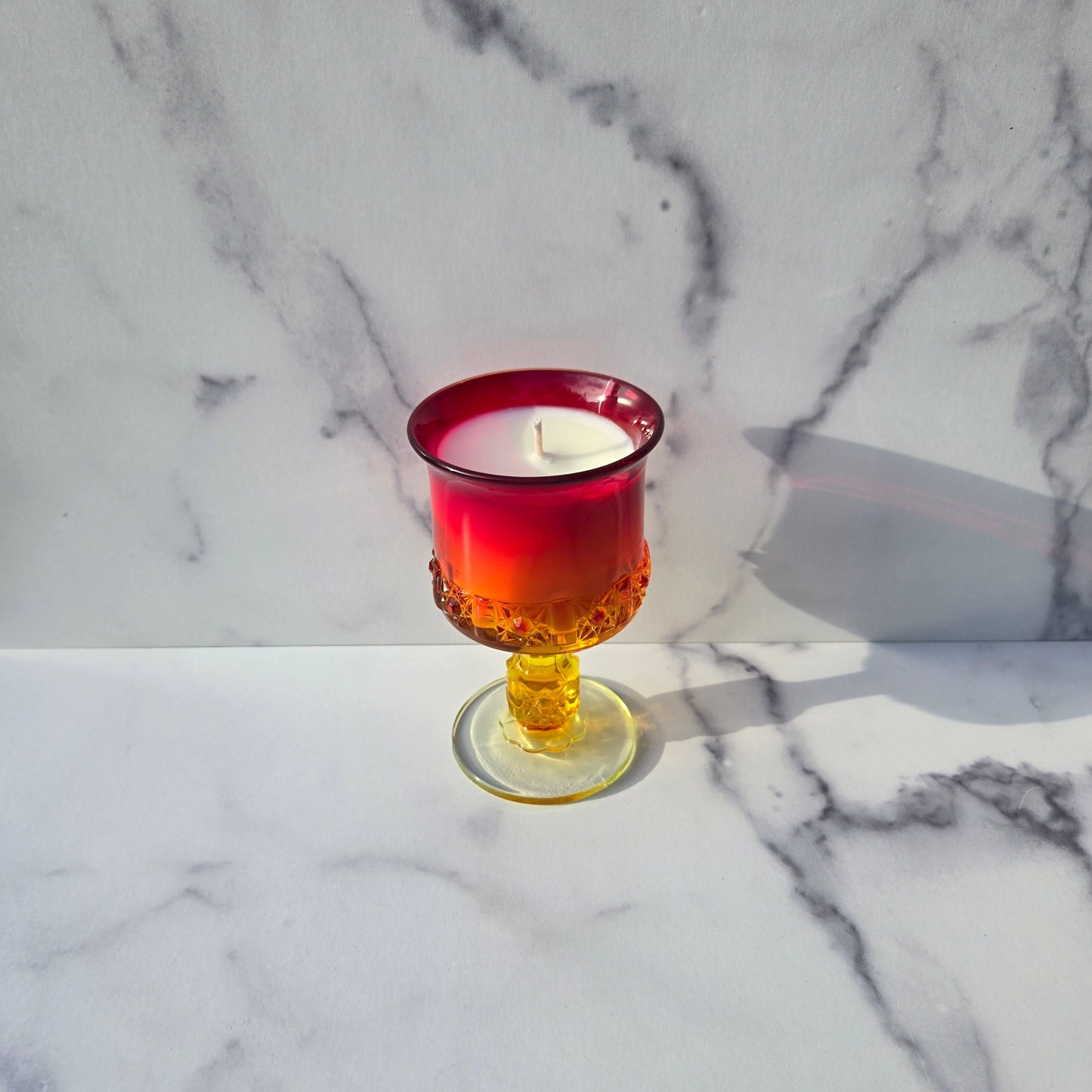 LG Wright Amberina Daisy and Cube Goblet 1960s