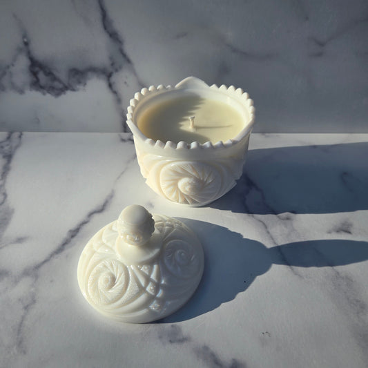 Kemple Milk Glass Aztec Covered Sugar 1970s