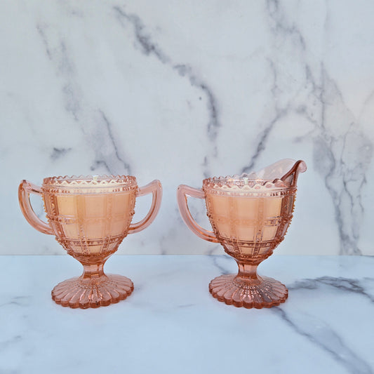 Imperial Pink Beaded Block Creamer  & Sugar 1930