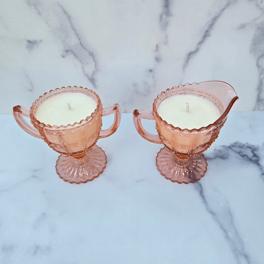 Imperial Pink Beaded Block Creamer  & Sugar 1930