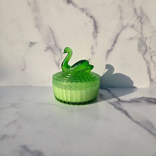 Jeannette Satin Green Swan Lipstick and Powder Jar 1970s