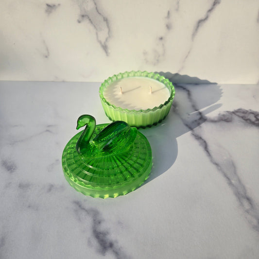 Jeannette Satin Green Swan Lipstick and Powder Jar 1970s