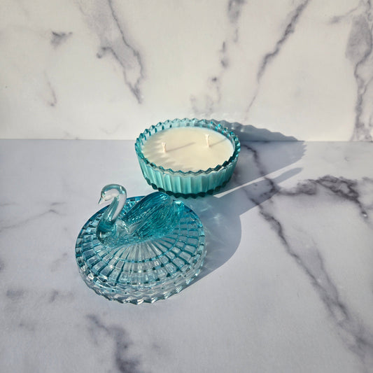 Jeannette Aquamarine Swan Lipstick and Powder Jar 1960s
