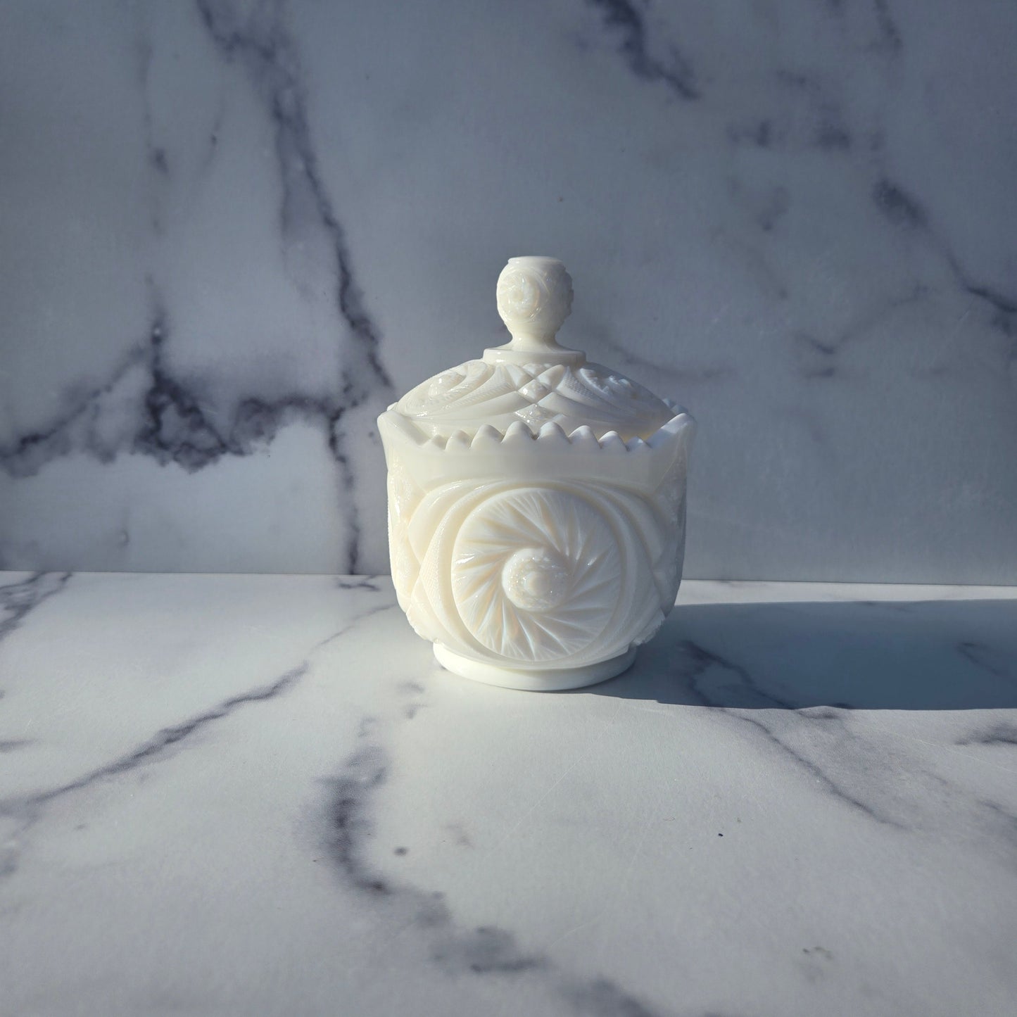 Kemple Milk Glass Aztec Covered Sugar 1970s