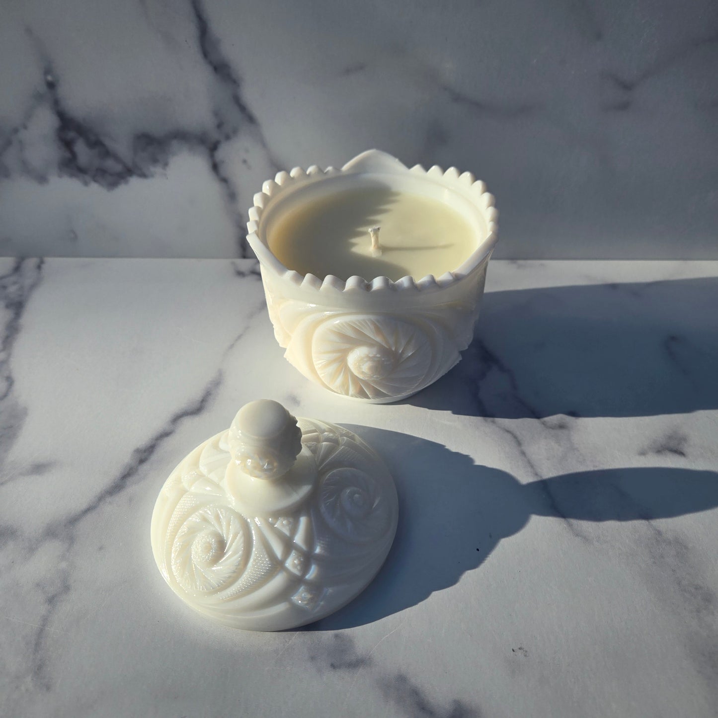 Kemple Milk Glass Aztec Covered Sugar 1970s
