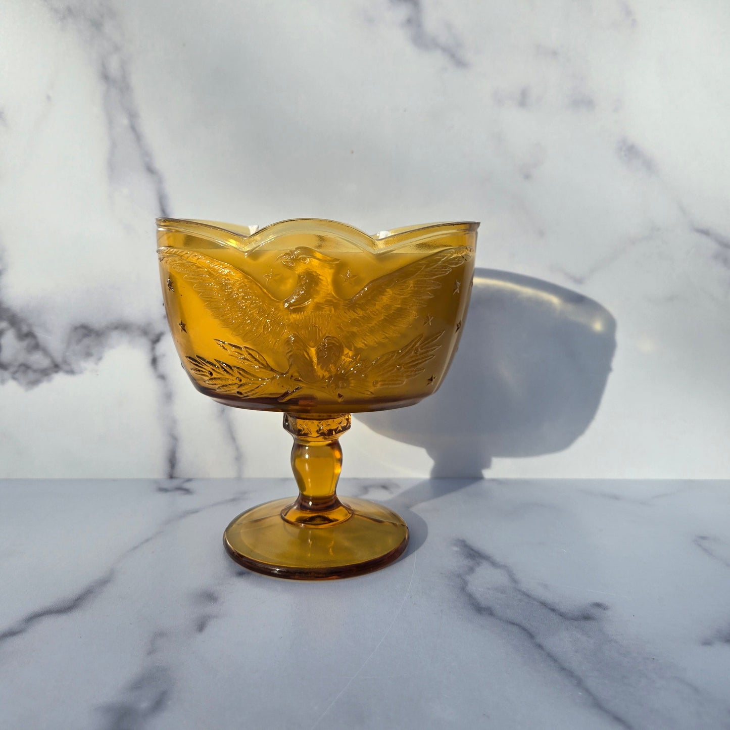 L. E. Smith Amber Bicentennial Eagle Compote 1970s