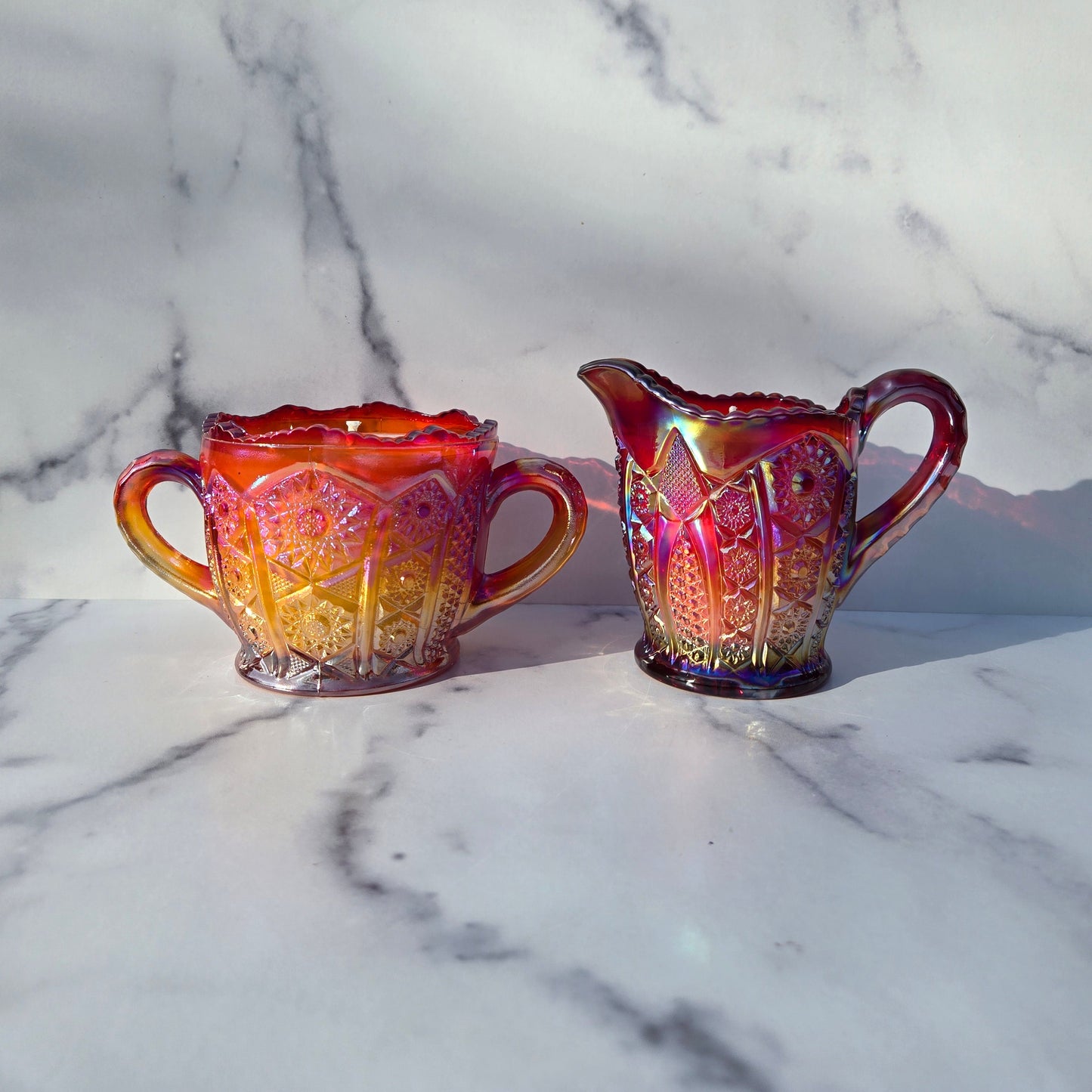 Indiana Iridescent Sunset Heirloom Creamer & Sugar 1970s