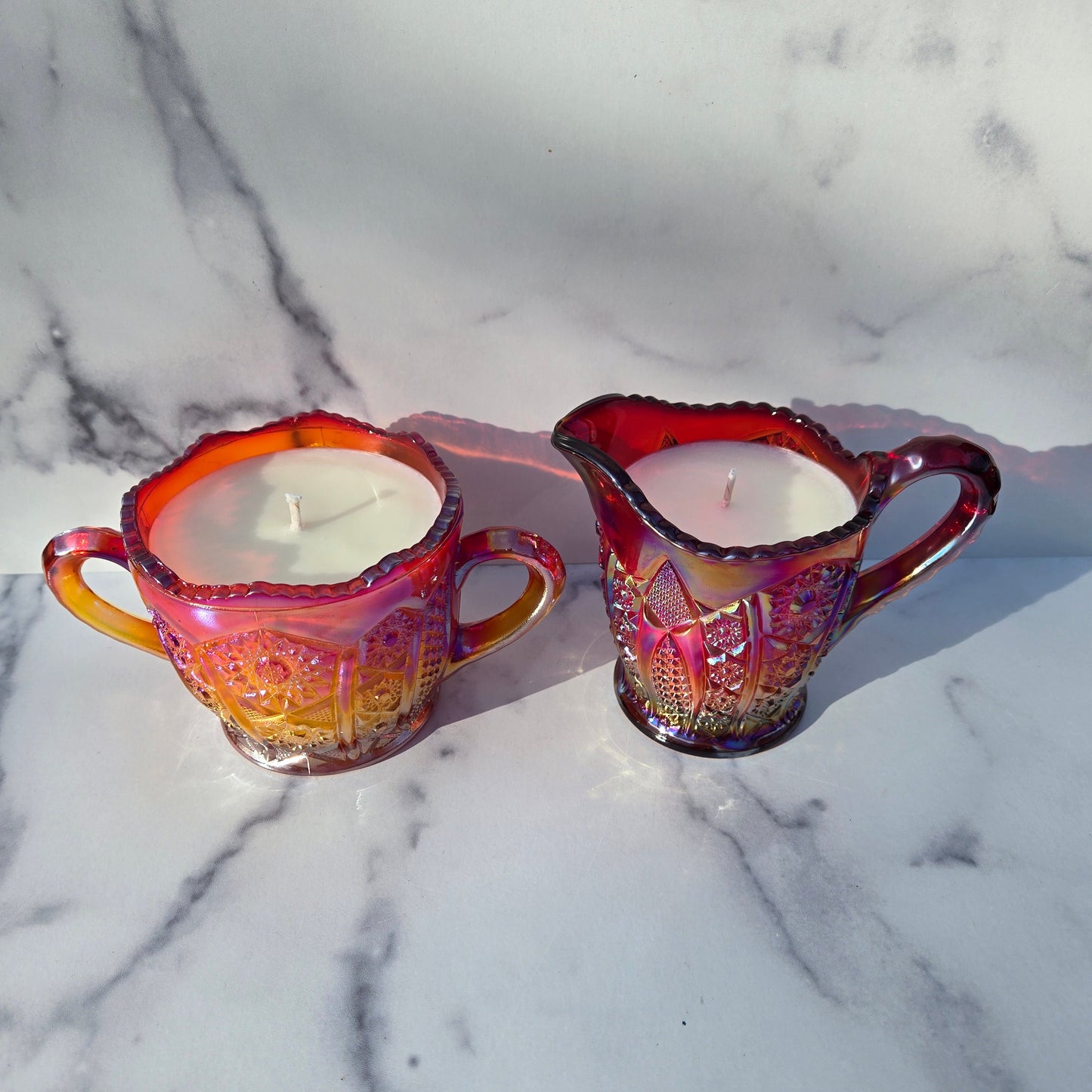 Indiana Iridescent Sunset Heirloom Creamer & Sugar 1970s