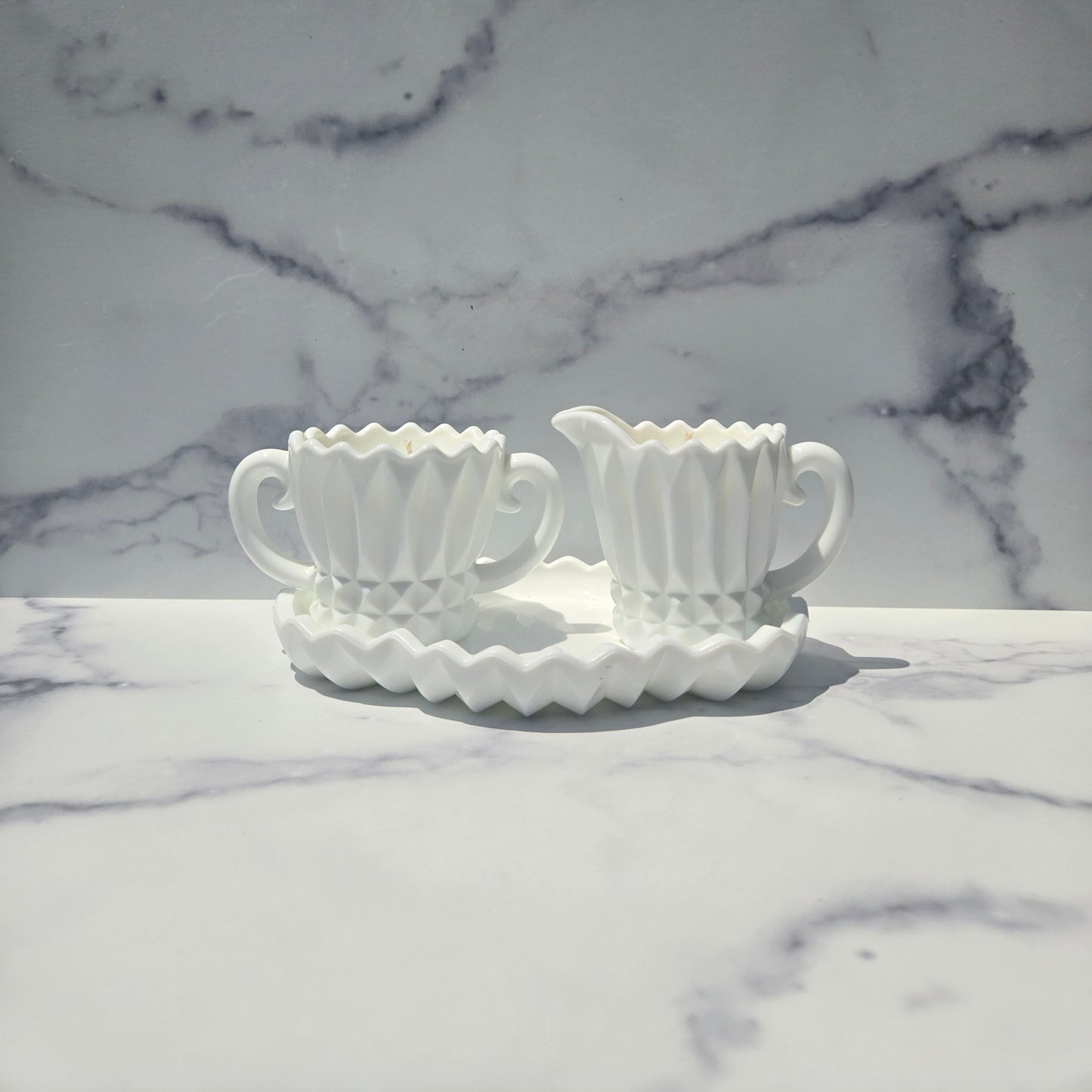 Indiana Milk Glass Lotus Blossom Cream & Sugar Set 1970s