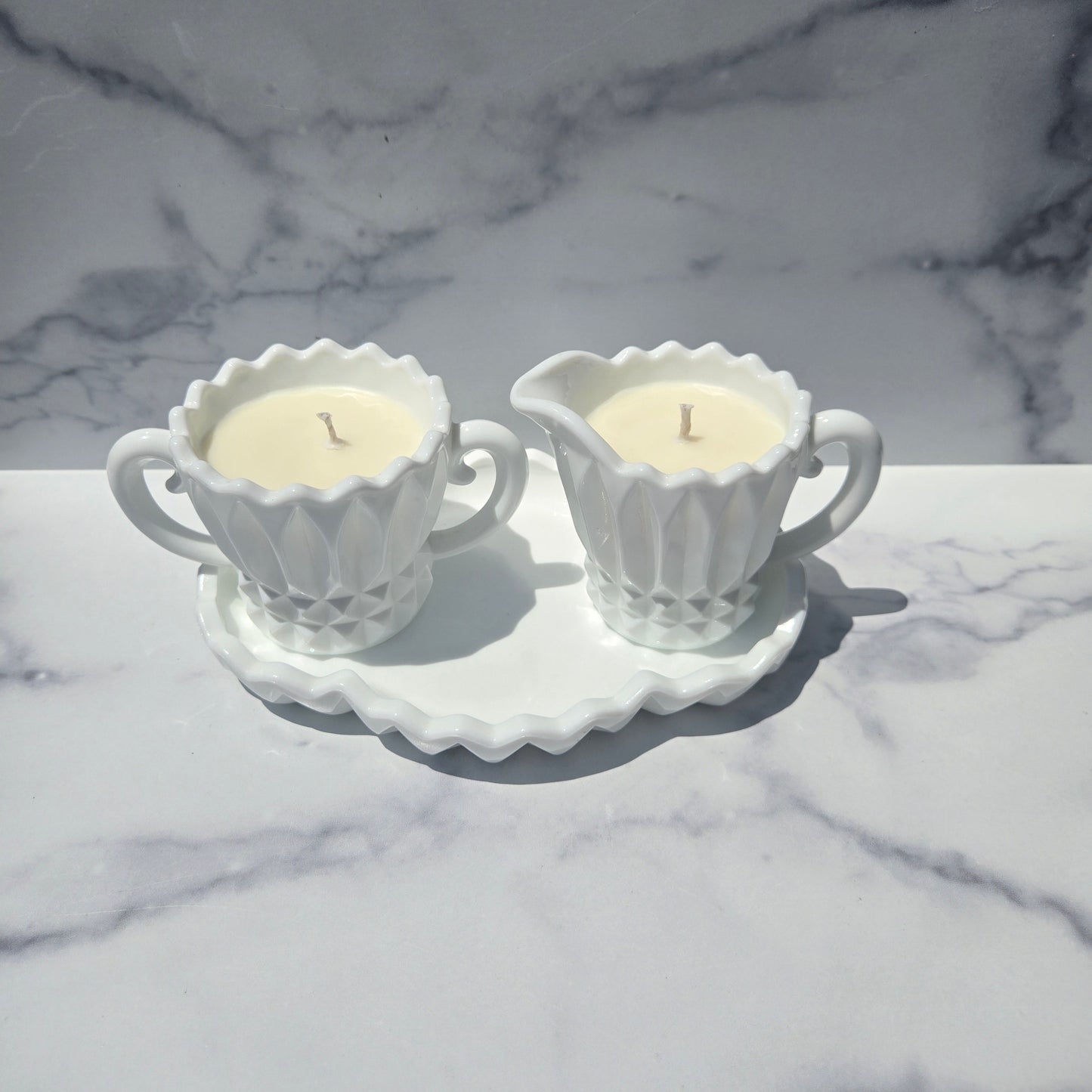 Indiana Milk Glass Lotus Blossom Cream & Sugar Set 1970s