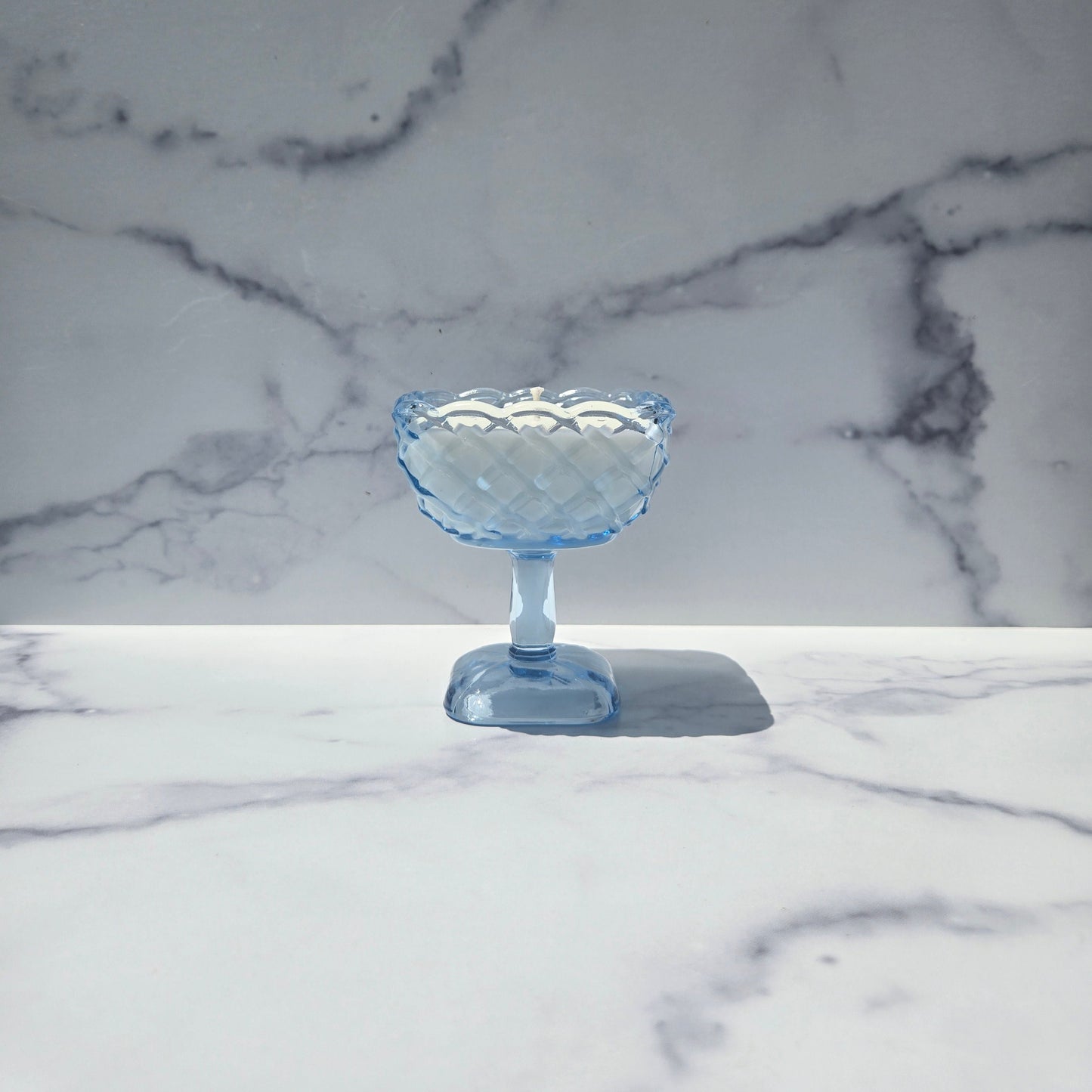 L.E. Smith Blue Trellis Compote 1990s