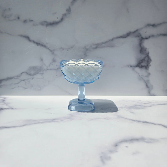 L.E. Smith Blue Trellis Compote 1990s